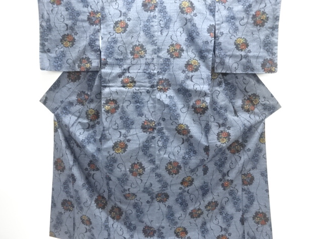 雪輪に草花模様織り出し手織り紬着物